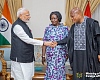  Samuel Okudzeto Ablakwa, Foreign Minister greets Narendra Modi,  India Prime Minister while Professor Naana Jane Opoku Agyemang, Vice President of the Republic looks on