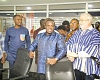 Samuel Nartey George (middle), Minister of Communications, Digital Technology and Innovation, addressing staff of AirtelTigo during the tour with Leo Skarlatos (right), Chief Executive Officer of AirtelTigo. Picture: CALEB VANDERPUYE