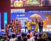 Dr Kofi Kodua Sarpong (4th from right), Chancellor, UPSA, presenting a canvas to Otumfuo Osei Tutu II (2nd from left), the Asantehene. Looking on are some members of the Asantehene’s entourage and other officials of UPSA. Picture: ERNEST KODZI