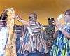 President John Dramani Mahama displaying a skin presented to him by the Tindaanas (landowners) of Bolgatanga. With him are Donatus Akamugri Atanga (left), Upper East Regional Minister, and Dr Dominic Akuritinga Ayine (right), MP for Bolgatanga East and Attorney-General and Minister for­ Justice.