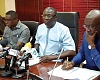 Dr Mohammed Amin Adam, MP for Karaga, addressing the press conference as Kojo Oppong Nkrumah (right), MP for Ofoase Ayirebi, and Dr Gideon Boako, MP for Tano North, look on