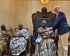 The President-elect of Rotary International, Mr Mário César Martins de Camargo in a handshake with the Ga Mantse, King Tackie Teiko Tsuru II (right), during a courtesy call at the Ga Mantse Palace in Accra on May 9, 2025. 