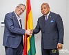 Foreign Minister Samuel Okudzeto Ablakwa in a diplomatic handshake with Israeli Ambassador Roey Gilad during a meeting at the Ministry of Foreign Affairs in Accra.
