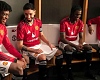 Bruno Fernandes (2nd from left) and teammates model the new kit. Manchester United