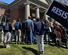 Harvard students at a rally in April. Pic: AP