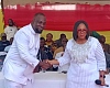 Mrs Linda Akweley Ocloo congratulating Mr Ludwig Teye Totimeh, thee newly elected Tema West Municipal Assembly MCE