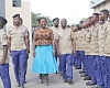 Elizabeth Ofosu-Adjare (arrowed), Minister of Trade, Agribusiness and Industry, inspecting a guard of honour mounted by the Trading Standards Inspectors