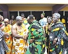 Togbe Tepre Hodo IV (in spectacles), President of the Volta Regional House of Chiefs, in a hearty handshake with James Gunu, Volta Regional Minister, after the meeting