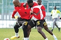 Black stars captain Jordan Ayew vying with Elisha Owusu (right) for the ball during the team’s training yesterday