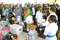 Prof. Samuel Kaba Akoriyea (arrowed), Director-General of the Ghana Health Service, explaining to President John Dramani Mahama (in smock) and other government officials some uses of various health equipment during the exhibition