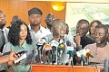 Dr Mohammed Amin Adam (2nd from right), a former Minister of Finance, addressing the press. With him are some Minority MPs