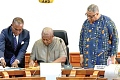 President Mahama (middle) assenting to the 24-Hour Economy Bill. With him are Goosie Tanoh (right), Presidential Advisor, 24-Hour Economy, and Ebenezer Djietror, Clerk to Parliament