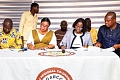 Linda Akweley Ocloo (2nd from left), Greater Accra Regional Minister, together with Samuel Tetteh Quarshie Morton (left), Municipal Chief Executive, Kpone Katamanso Municipal Assembly, and the members of the Greater Accra Regional Coordinating Council signing the performance contract. Picture: ELVIS NII NOI DOWUONA 