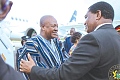 Hakainde Hichilema (right), President of Zambia, in a hearty chat with President John Dramani Mahama