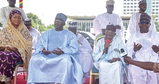 Dr Mahamudu Bawumia (2nd from left), former Vice-President, with Samira Bawumia (left), his spouse, and Issifu Seidu (right), Minister of State in Charge of Climate Change and Sustainability, listening as Sheikh Umar Ibrahim Imam (2nd from right), National Imam of Ahlussuna Wal Jamaa-Ghana, addresses the audience. Picture: Caleb Vanderpuye
