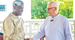 Rev. Fr Andrew Campbell (right), Founder of the Father Campbell Foundation, welcoming Haruna Iddrisu, Education Minister, to the centre 