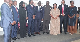 Prof. Ernest Kofi Abotsi (5th from right) Dean, UPSA Law School, interacting with Johnson Pandit Asiama (6th from right), Governor, Bank of Ghana. With them are Naana Essiful Boison (7th from right), Head of Marketing, ABSA, John Awuah (4th from right), CEO, Ghana Association of Banks, and other dignitaries. Picture: ERNEST KODZI 