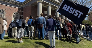 Harvard students at a rally in April. Pic: AP