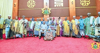 President John Mahama and Vice-President Prof. Naana Jane Opoku-Agyemang (seated) with the delegation from the Nayiri, Overlord of Mamprugu, at the Jubilee House