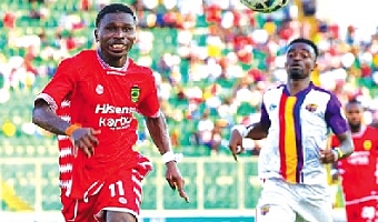 • Asante Kotoko’s Saaka Dauda (left) and Martin Karikari in a hot pursuit of the ball during the game