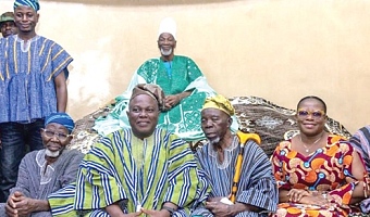 Dr Nii Moi Thompson (seated 2nd from left), Chairman of the NDPC, and Dr Audrey Smock Amoah (right) with Ya-Na Abukari II (arrowed) and his elders at Gbewaa Palace