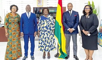 Prof. Naana Jane Opoku-Agyemang (middle ), Vice - President, Dr Dominic Akuritinga Ayine (2nd from the left), Attorney-General and Minister of Justice;  Dr Justice Srem-Sai (2nd from right), Deputy Minister, Ministry of Justice and Attorney-General, and other leaders during her working visit to the ministry in Accra
