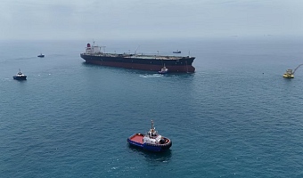 Drone view of oil tanker HELGA berthed at one of Iraq's southern offshore oil terminals near Basra as it prepares to load crude oil, becoming the second vessel to arrive since the closure of the Strait of Hormuz, April 24, 2026. REUTERS/Mohammed Aty