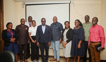 Ato Afful (5th from right), MD, GCGL; Dr Arnold Kavaarpuo (4th from left), Executive Director, Data Protection Commission; Quintin Akrobotu (2nd from left), Director of Regulatory and Compliance at the commission, with other staff of the commission and GCGL. Picture: CALEB VANDERPUYE 