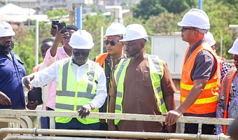 Kenneth Gilbert Adjei (middle), Minister of Works, Housing and Water Resources; and Adam Mutawakilu (right), Managing Director of the Ghana Water Limited, being briefed by Dr Hadisu Alhassan (left), Production Manager for ATMA Production Area, during the visit. Picture: CALEB VANDERPUYE