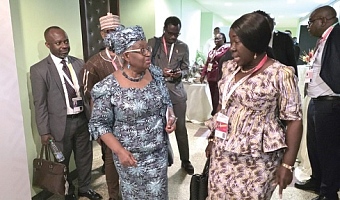 Elizabeth Ofosu Agyare (right), Minister of Trade and Agribusiness, in a chat with Dr Ngozi Okonjo-Iweala, WTO Director-General