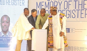 Dr Clement Apaak (2nd from right), Deputy Education Minister, with Edmond Moukala (right), UNESCO Representative to Ghana; Yoshimoto Hiroshi (2nd from left), Japan Ambassador to Ghana, and Osman Tahidu Damba (left), Secretary‑General of the Ghana Commission for UNESCO, launching the Ghana Memory of World Register Picture: CALEB VANDERPUYE