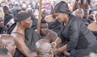 Vice-President Prof. Naana Jane Opoku-Agyemang (right) commiserating with Otumfuo Osei Tutu II, the Asantehene, at the one-week ceremony of the late Asantehemaa held at the Manhyia Palace in Kumasi. Picture: EMMANUEL BAAH