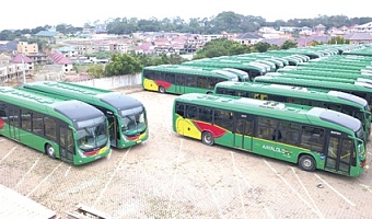Some Aayalolo buses parked at a terminal in Accra