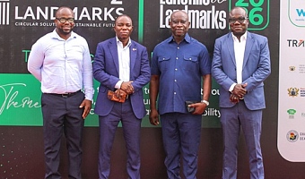 Henry Treku (left), Co-Founder of Landfills2Landmarks, with Kobla Nyaletey (2nd from left), Executive Director of Retail and Business Banking at Absa; Daniel Tetteh (2nd from right), Renowned Entrepreneur, and Samuel Ofori Gyampoh (right), Co-Founder of Landfills2Landmarks, after the event. Picture: CALEB VANDERPUYE