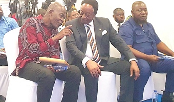 Professor Gabriel Nii Noi Dowuona (left), Department of Soil Science, UG, in a tête-à-tête with Dr Kwabena Duffour, a former Governor, Bank of Ghana. Looking on is Dr Said Boakye, acting Executive Director, Institute for Fiscal Studies. Picture: ERNEST KODZI 