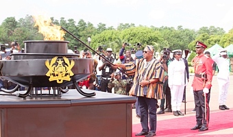 President John Dramani Mahama, lighting the Perpetual Flame, a symbolic link to the enduring spirit of the nation's founders