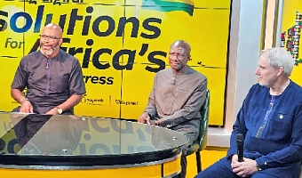 Ralph Mupita (left), MTN Group CEO, answering a question from the media. With him are Ebenezer Asante (middle), Senior Vice-President of MTN Group, and Stephen Blewett, CEO, MTN Ghana