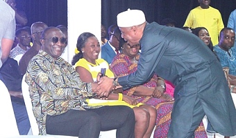Saddique Abubakar Boniface (right), Chairman, United Party, exchanging pleasantries with Alan John Kyerematen (seated), Founder, United Party. Looking on is the wife of Alan. Picture: ERNEST KODZI 