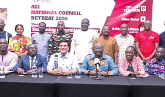 Kofi Nsiah-Poku (middle), President, AGI, with some national council members; Mukesh Thakwani (3rd from left), Vice President, and other officials of AGI after its national retreat 