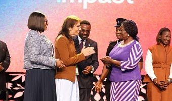 Prof. Naana Jane Opoku-Agyemang (2nd from right), Vice-President, interacting with Maha Dimachki, CEO, GFTN Solutions, at the 3i Africa Summit, 2026. With them include Dr Johnson Asiama (3rd from left), Governor, BoG, and Matilda Asante-Asiedu (left), 2nd Deputy Governor. Picture: DOUGLAS ANANE-FRIMPONG