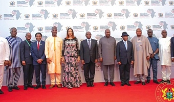 President John Mahama (6th from right) flanked by Joseph Nyuma Boakai (5th from right), President of the Republic of Liberia, and Julius Maada Bio (7th from left), President of the Republic of Sierra Leone, with other dignitaries after the event