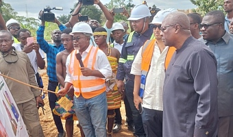 President John Mahama (right), being taken through the ongoing Ghana Education Trust Fund (GETFUND) New Targeted and Emergency Projects (NTEmP) at the Sunyani Senior High School (SHS).
