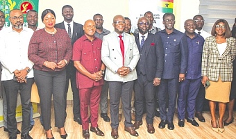 Prof. Michael Kpessa-Whyte (middle), Director-General of SIGA, with Eric Bonsu Agyabeng (left), acting Head of the Performance Monitoring and Evaluation Division, and other officials after the event. Picture: CALEB VANDERPUYE