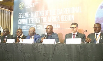 John Abdulai Jinapor (3rd from right), Minister of Energy and Green Transition, answering some questions at the press conference. With him are Ashish Khanna (2nd from right), Director-General, International Solar Alliance, and some ministers from neighbouring African countries. Picture: BENEDICT OBUOBI