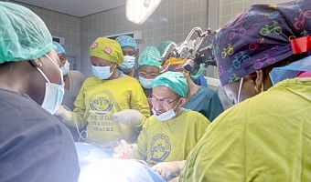 Professor Abdulkareem K. Al-Balasi (arrowed), Senior ENT and Cochlear Implant Consultant of the Faculty of Medicine, Dhamar University, Yemen, leading the team from the ENT Department of the Korle Bu Teaching Hospital to conduct the cochlear Implant surgery on one of the children