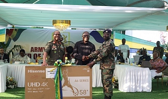 Major General William Azure Ayamdo Rtd (middle), a former chief of army staff presenting the overall best soldier 2025 award to the winner. With him is  Major General Lawrence Gbetanu (left), Chief of Army staff. Picture: BENEDICT OBUOBI