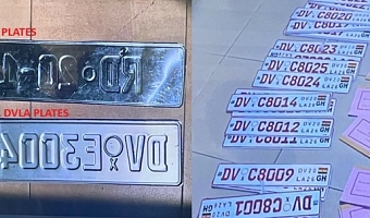 Left shows the difference between a genuine DV plate and a fake one displayed by the DVLA, while the right shows some of the counterfeit plates seized, including sample numbers 