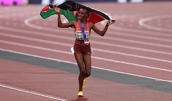 Beatrice Chebet of Kenya celebrates after the women's 10,000m final at the 2025 World Athletics Championships in Tokyo, Japan, on Sept. 13, 2025