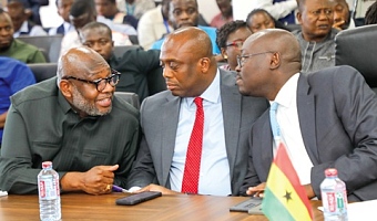 Dr Cassiel Ato Baah Forson (right), Minister of Finance, interacting with Dr Randy Abbey (left), Chief Executive Officer, Ghana Cocoa Board, and Thomas Nyarko Ampem (right), Deputy Minister of Finance. Picture: ELVIS NII NOI DOWUONA 