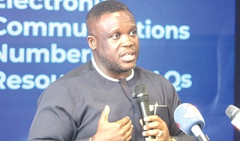 Samuel Nartey George, Minister of Communication, Digital Technology and Innovations, addressing the media. Picture: ESTHER ADJORKOR ADJEI